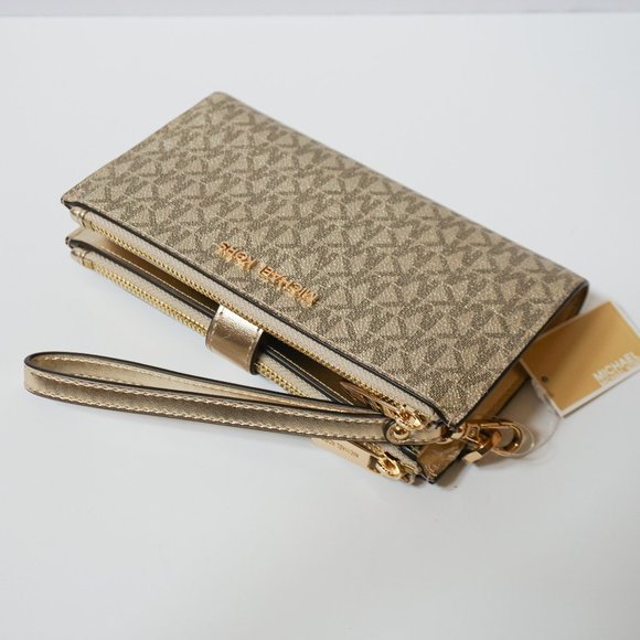 Michael Kors Jet Set Travel Double Zip PVC Leather Wristlet MK Pale Gold - Picture 2 of 7